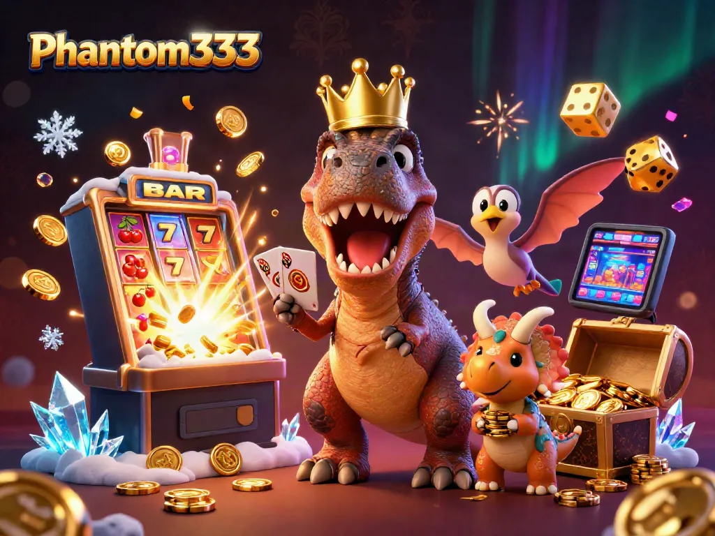 Experience thrilling casino action with phantom333 featuring a T-Rex shuffling cards and fun elements.