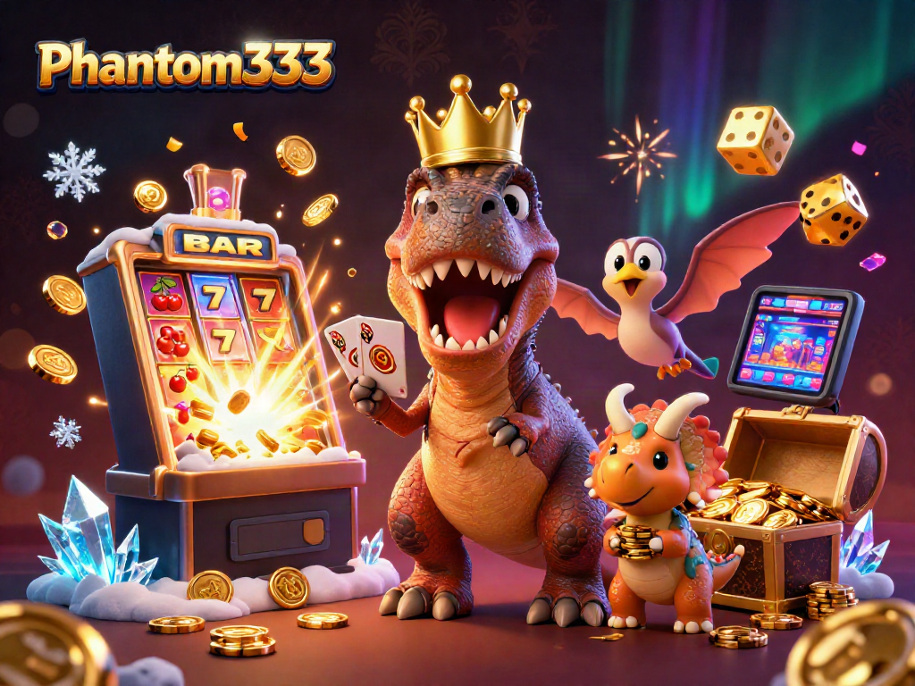Experience thrilling casino action with phantom333 featuring a T-Rex shuffling cards and fun elements.