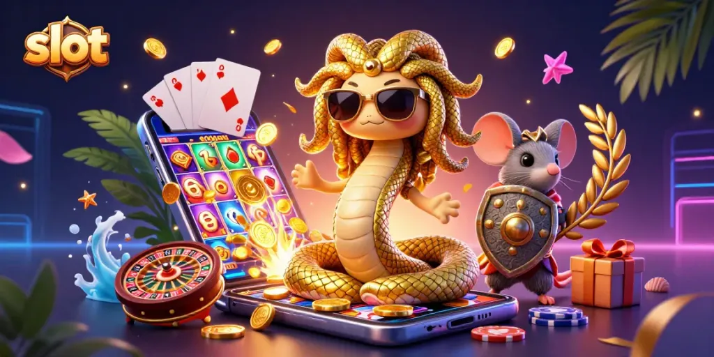 Spin the slot reels as golden coins erupt from a joyful Medusa-themed scene.
