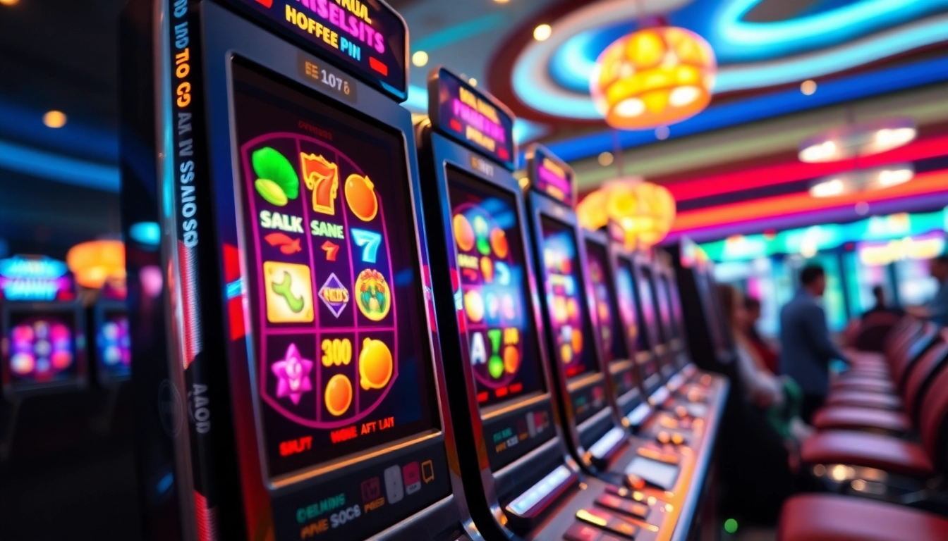 Putaran slot di mesin kasino yang berwarna-warni dengan simbol menarik.