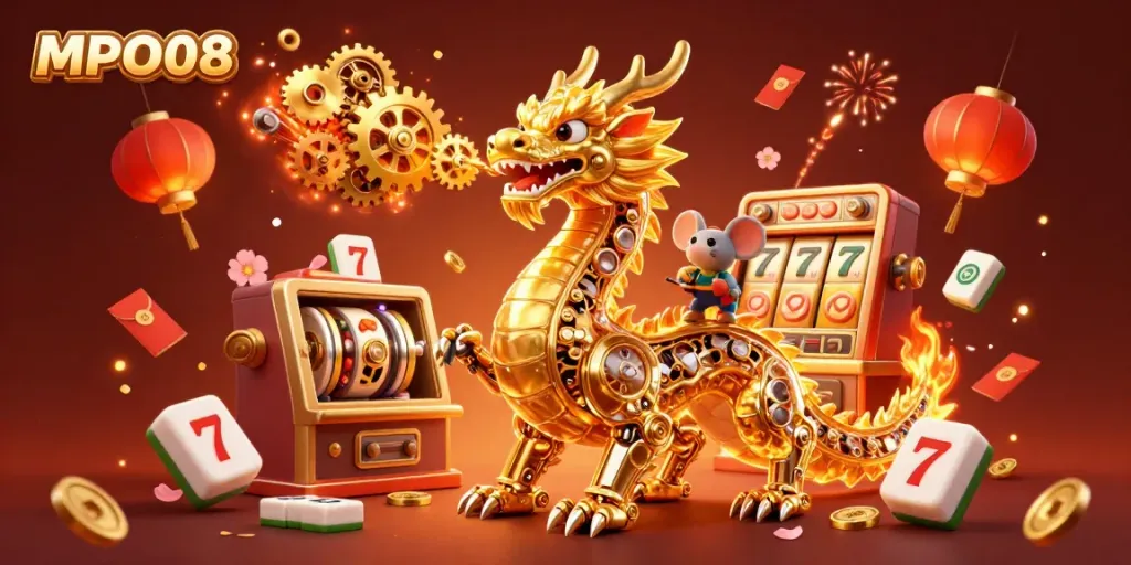 MPO08 showcases an ultra-detailed dragon and golden slots, symbolizing excitement in gaming.