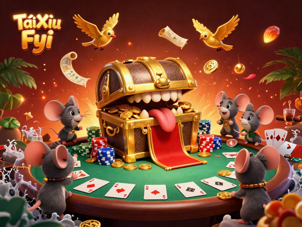 Experience the thrill of Tài Xỉu Fyi with an adventurous treasure chest scene full of vibrant casino elements.