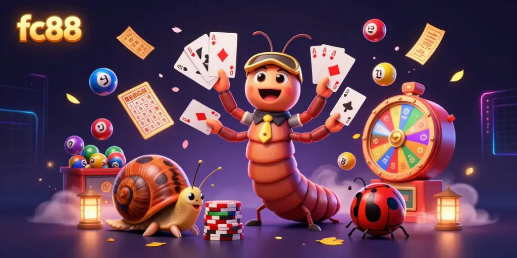 Engaging scene at fc88 featuring a millipede dealer with cards, a snail with chips, and dynamic game elements.