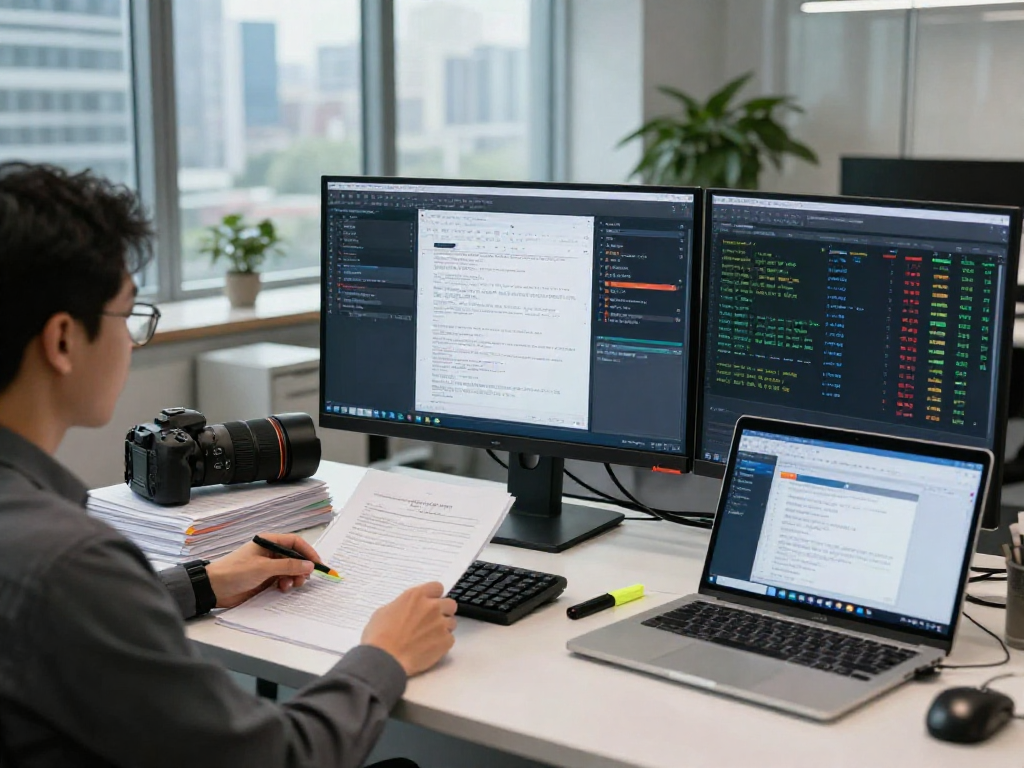 Document fraud detection analysis in a modern office setting with an analyst reviewing digital documents and advanced forensic software.