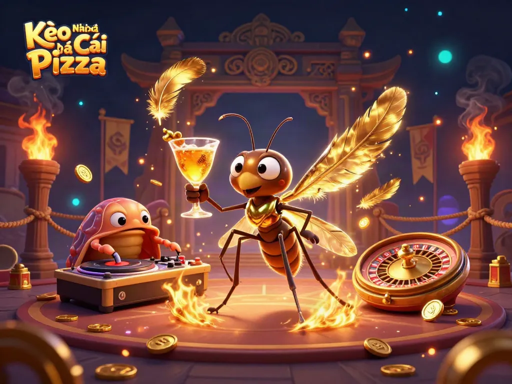 Kèo Nhà Cái Pizza showcases an engaging 3D illustration with unique casino-themed characters and dynamic elements.