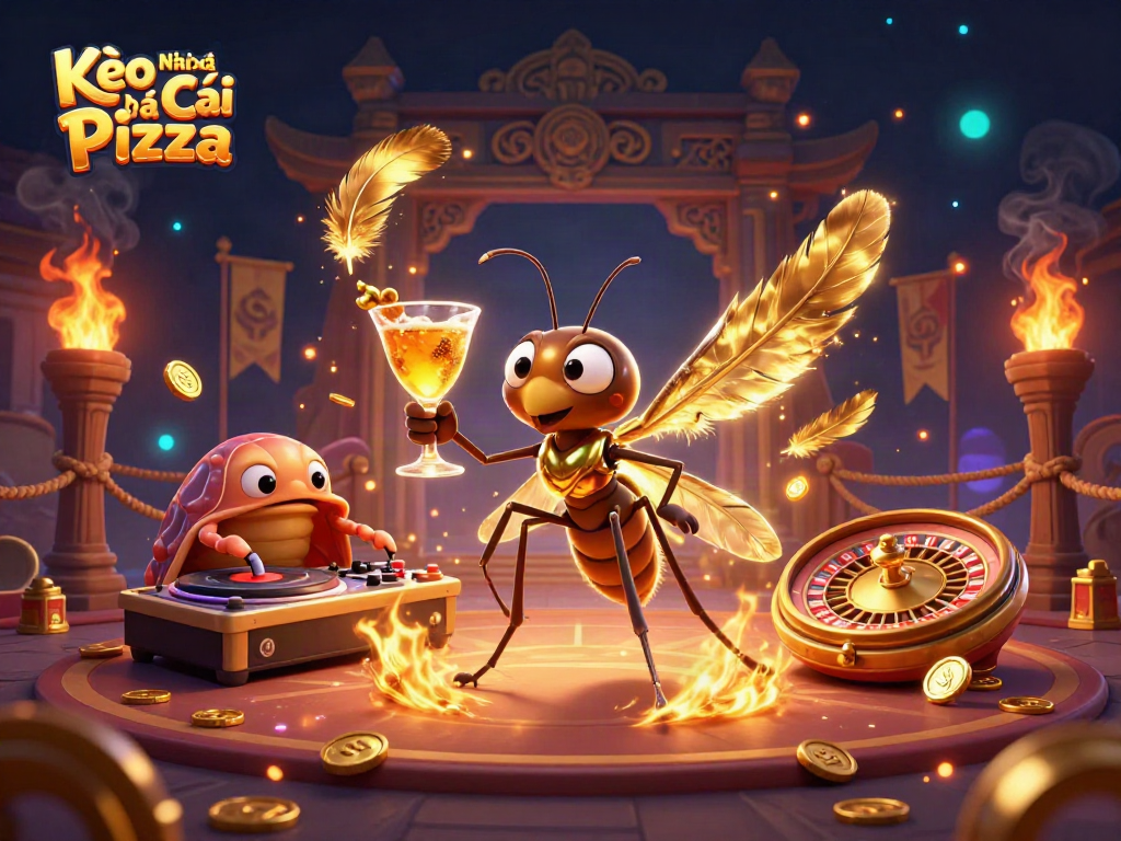 Kèo Nhà Cái Pizza showcases an engaging 3D illustration with unique casino-themed characters and dynamic elements.