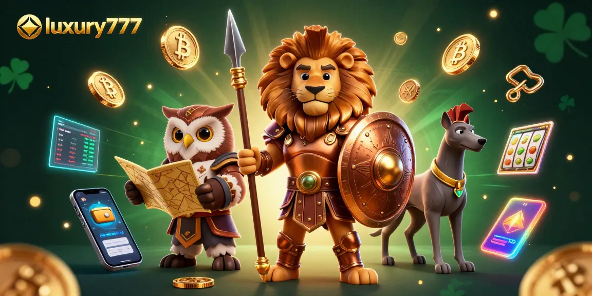 Engage in thrilling gameplay with luxury777 as a heroic Spartan lion amidst slot machines and crypto symbols.