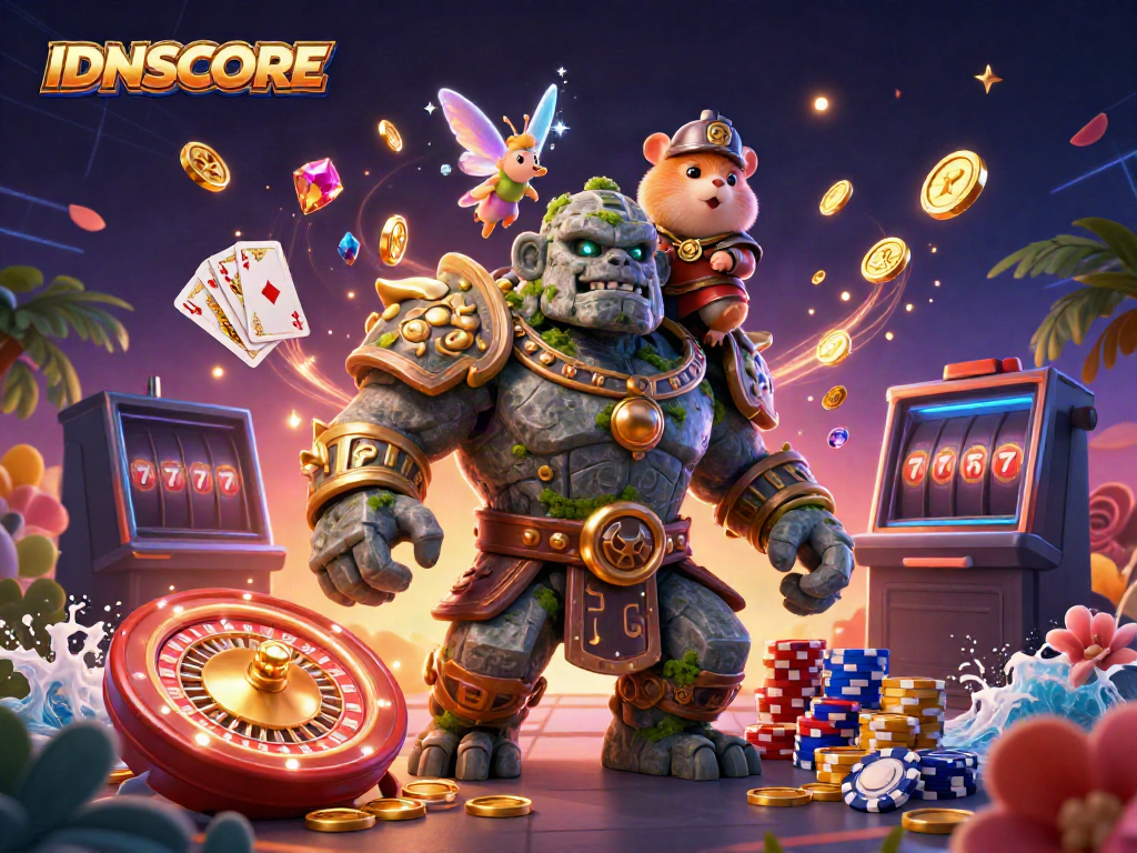 IDNSCORE brings thrilling gaming moments with a mystical golem, fairy, and hamster knight amidst casino riches.