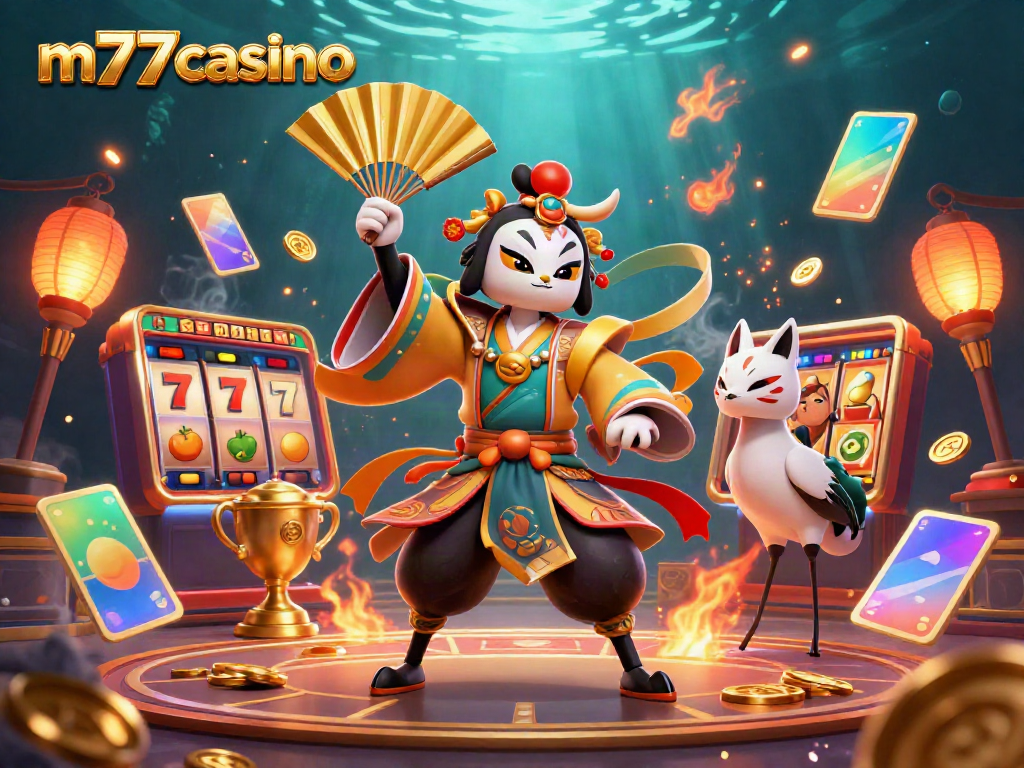 Ilustrasi m77casino menampilkan pejuang kabuki dan elemen slot yang dinamis dalam suasana kasino yang mengasyikkan.