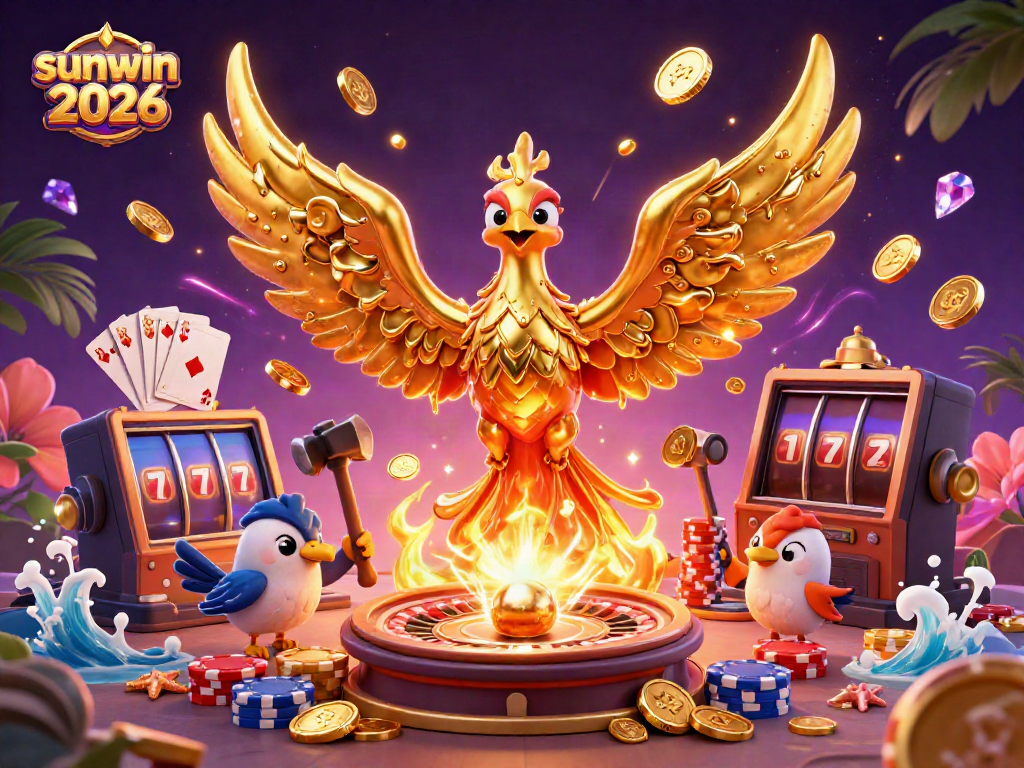 Experience the excitement of sunwin 2026 with vibrant 3D casino elements and a molten phoenix.