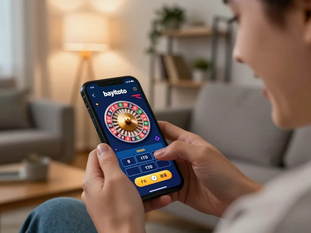 Engaging with the bayitoto app for online casino gaming, showcasing excitement in a cozy environment.