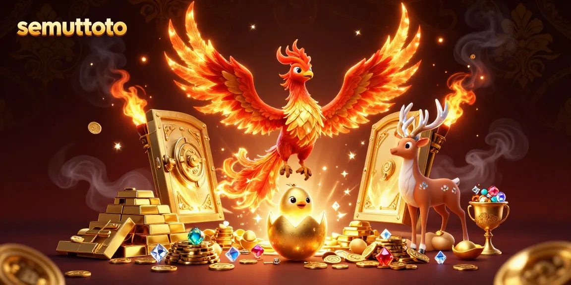 Menangkap momen semuttoto dengan phoenix menyala dan harta berkilau dalam ilustrasi 3D.