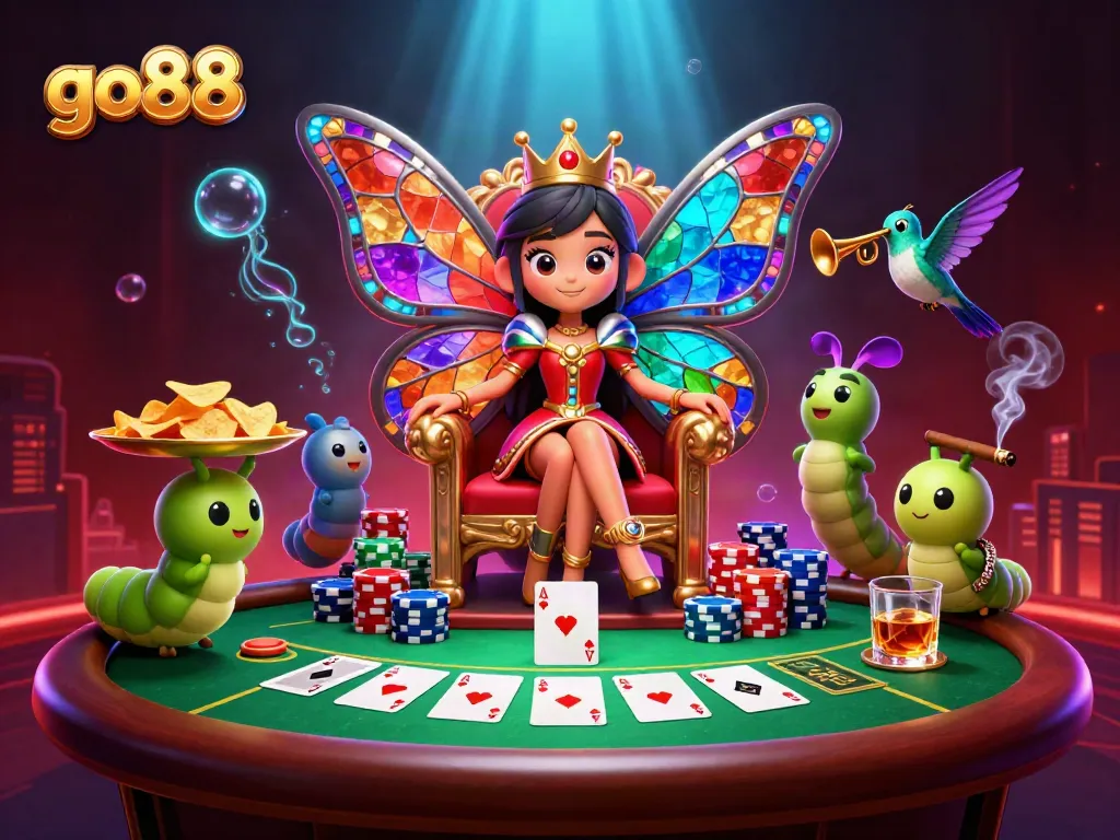 Engage with go88's vibrant gaming realm featuring animated characters and poker elements.