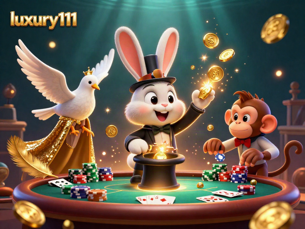 luxury111 showcases an enchanting scene with a magician rabbit, poker chips, and a dove, captivating casino vibes.