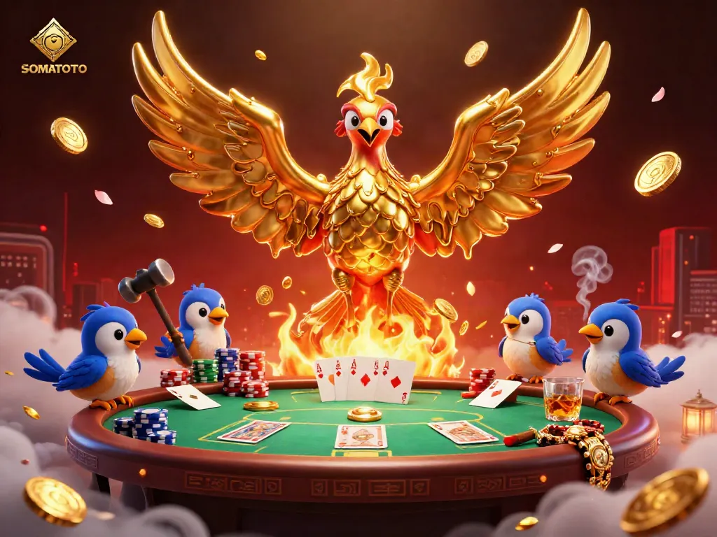 Experience thrilling poker action as SOMATOTO showcases a vibrant golden phoenix surrounded by poker elements.