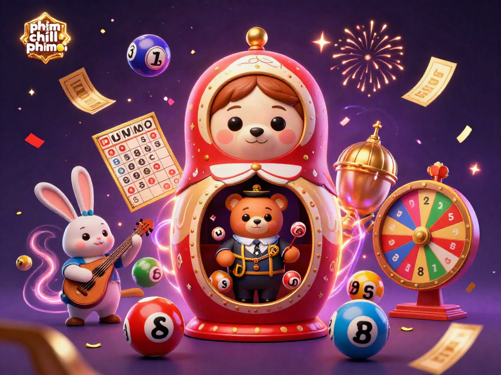 The vibrant scene depicts phim chill phimmoi with a 3D cartoon bear and smaller bears as casino dealers, lively gaming elements, and celebratory effects.