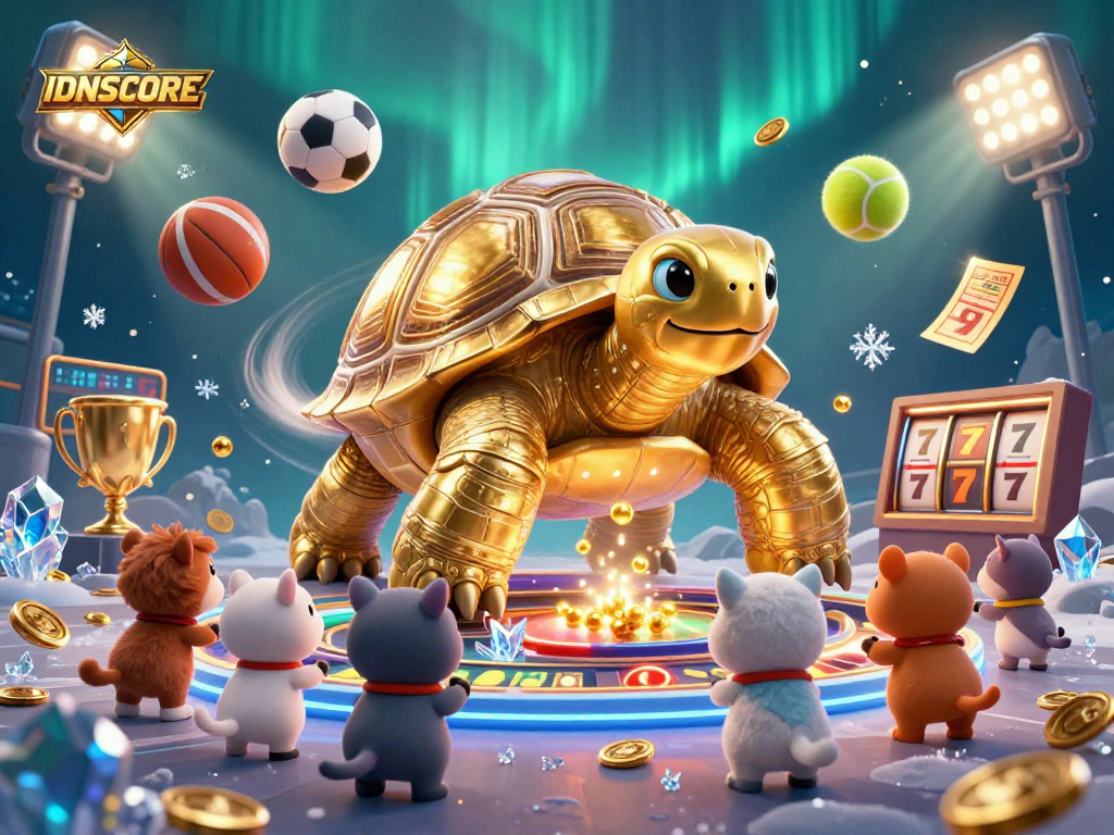 IDNSCORE engages gamblers with vibrant slot and sports action in a dynamic casino scene.