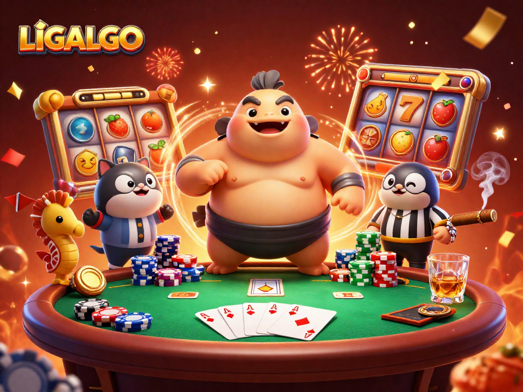 LIGALGO showcases an energetic underwater scene with a fugu, catfish referee, and slot and poker elements.