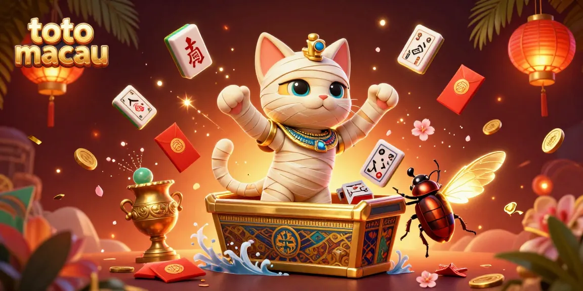 Engage in thrilling toto macau gaming with a mummy cat and golden scarab in a vibrant casino scene.