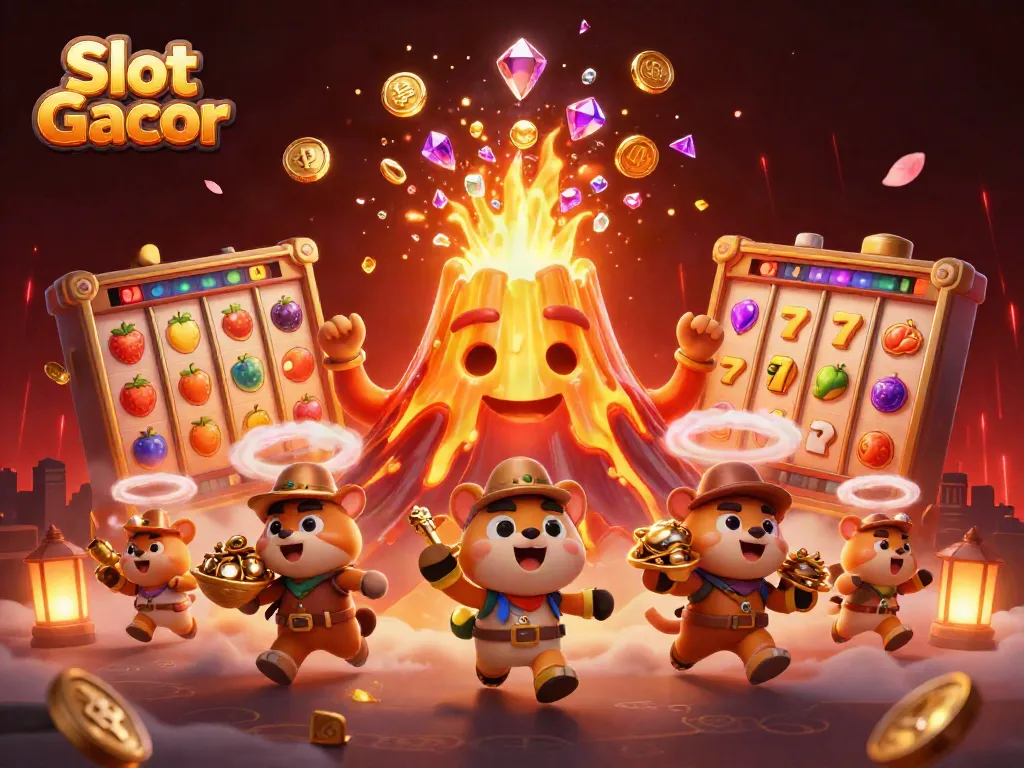 Engage with the thrilling Slot Gacor experience, showcasing vibrant slot reels, treasures, and lively characters.