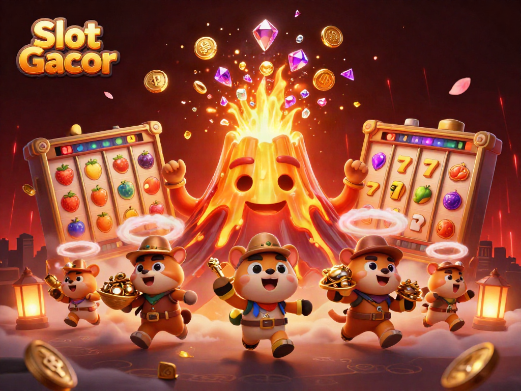 Engage with the thrilling Slot Gacor experience, showcasing vibrant slot reels, treasures, and lively characters.