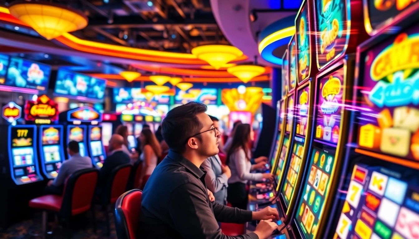 Permainan slot yang menyenangkan dengan mesin berwarna cerah dan pemain antusias di kasino.