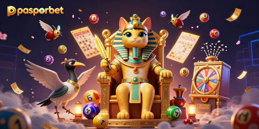 Permainan menarik di pasporbet dengan gambar kucing firaun dan elemen bingo.
