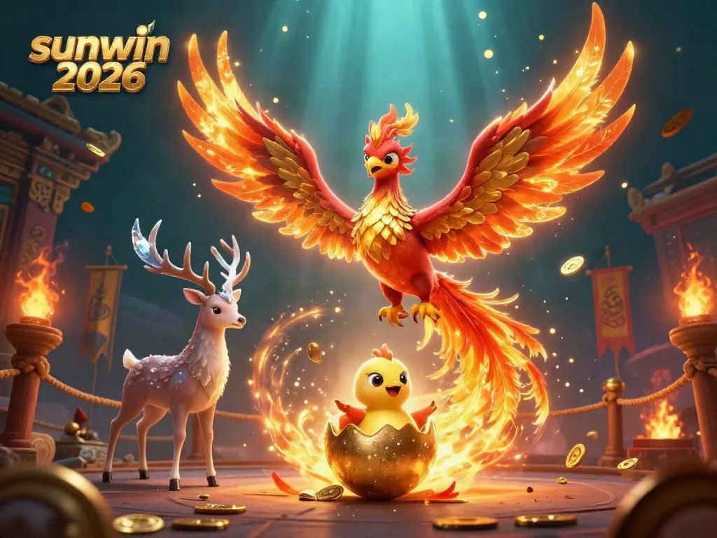 Engage in the vibrant world of sunwin 2026 with a fantastical illustration capturing a blazing phoenix and mystical stag amidst dynamic gaming elements.