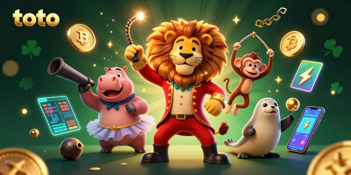 Win big with toto in this vibrant 3D casino scene filled with colorful characters and crypto elements.