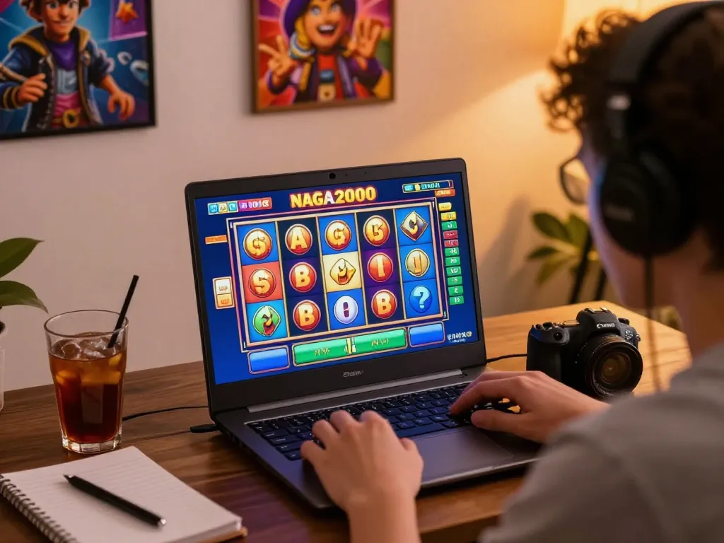 NAGA2000 player celebrating a win while gaming online at home, surrounded by a vibrant setup.