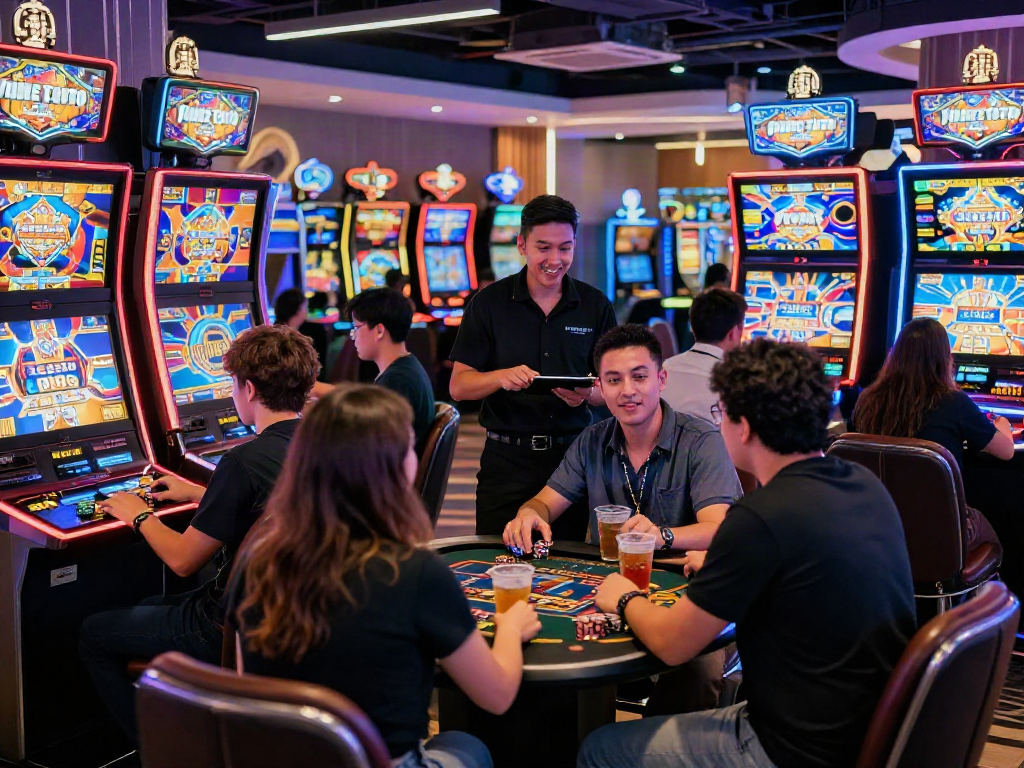 Pengunjung kasino bermain slot Yume Toto dengan penuh semangat di suasana yang cerah.