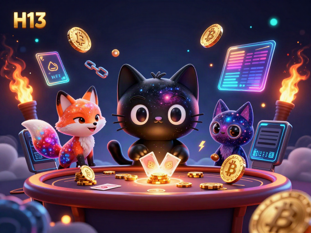 Engage with the H13 cosmic casino experience featuring a black hole cat and neon cryptocurrency elements.