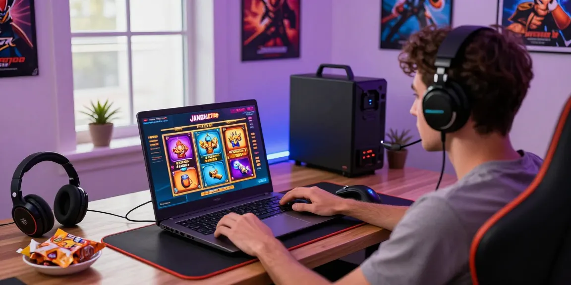Pengalaman bermain slot online di jandaslot88.com dengan laptop dan aksesoris gaming.