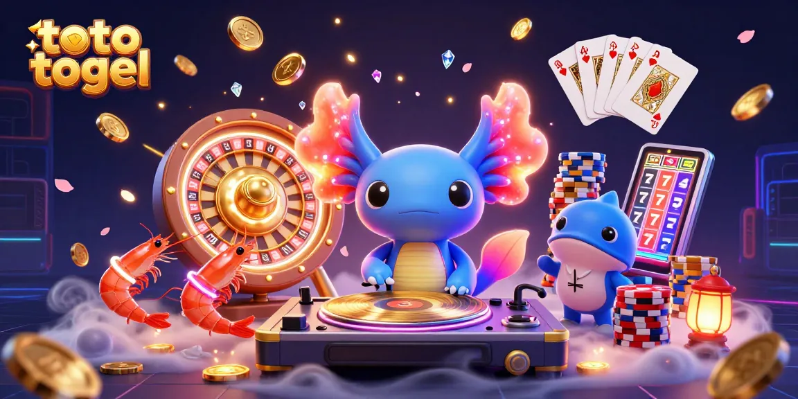Engage with the exciting world of toto togel, featuring a vibrant scene of a neon axolotl DJ spinning records amidst sparkling gems and casino elements.