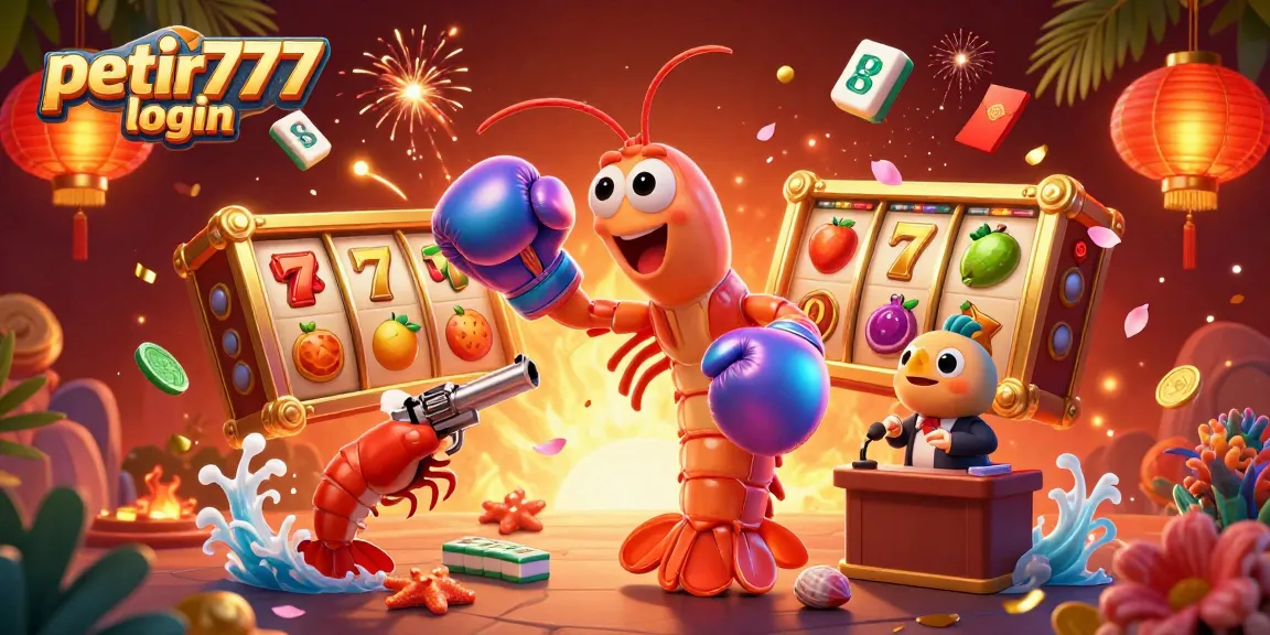 Engage in thrilling gaming with petir777 login, featuring dynamic casino scenes of lucky slots and vibrant characters.