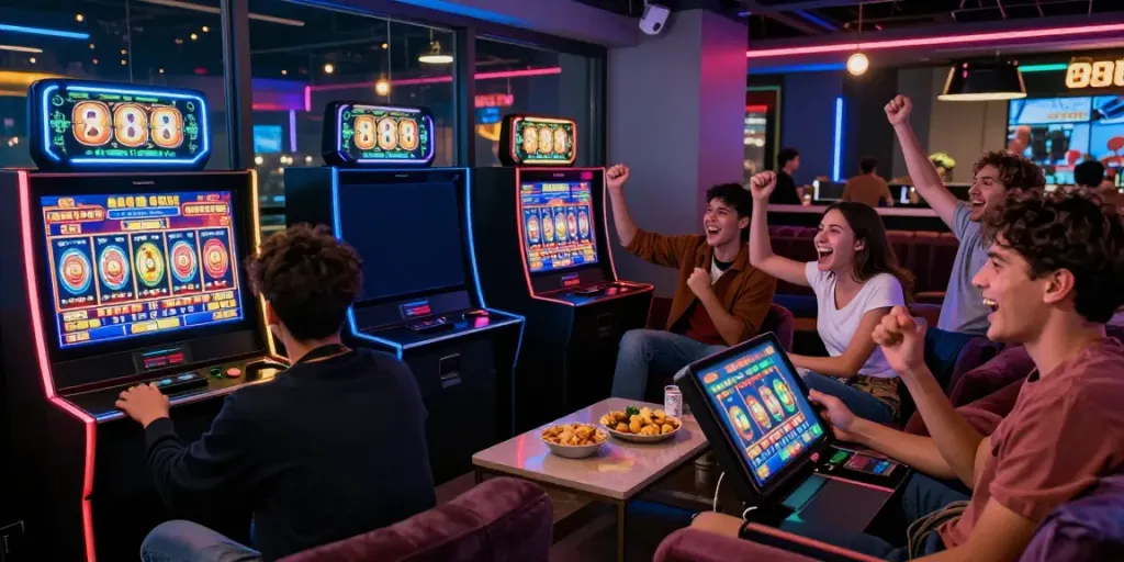 Suasana bermain slot88 online yang menyenangkan dengan teman-teman bersorak merayakan kemenangan besar.