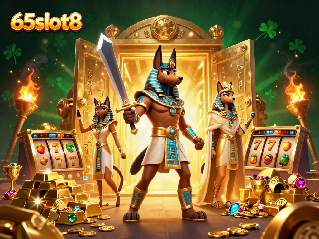 Experience 65slot8's thrilling jackpot features showcased with Anubis and Bastet in a treasure-filled scene.
