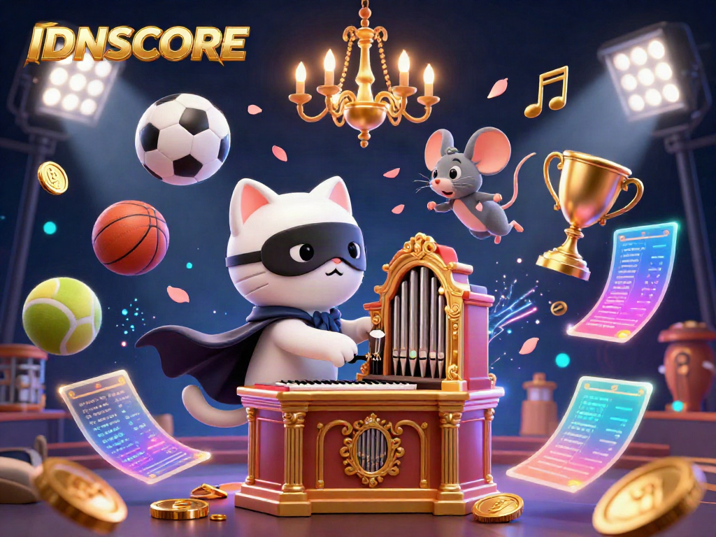 Experience excitement at IDNSCORE with a casino-themed illustration featuring a playful cat and mouse amid sports elements.