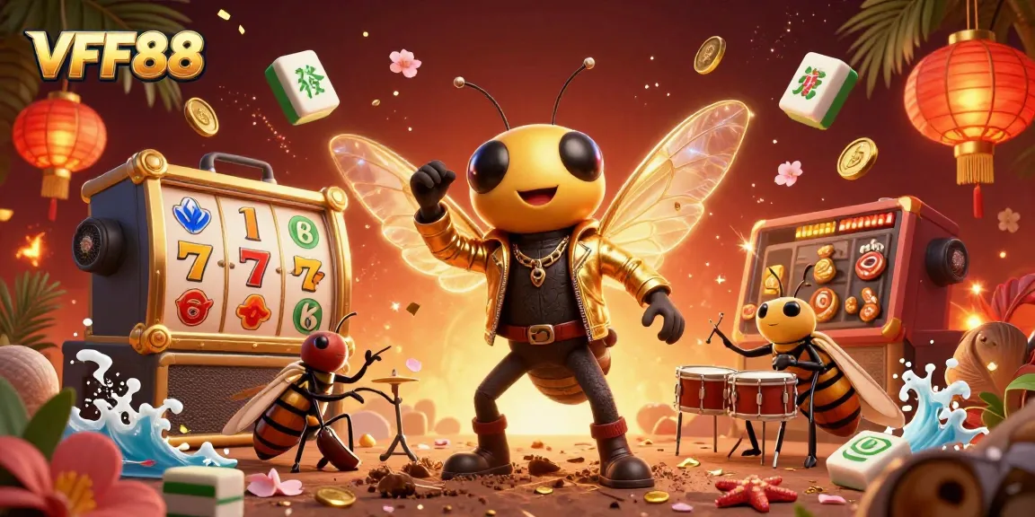 Engage with VFF88's vibrant casino experience featuring a lively cicada rock star and dynamic slot reels.