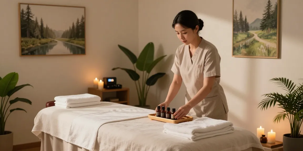 Relaxing 하남출장마사지 therapy setup in a tranquil spa, featuring soothing oils and calm lighting.