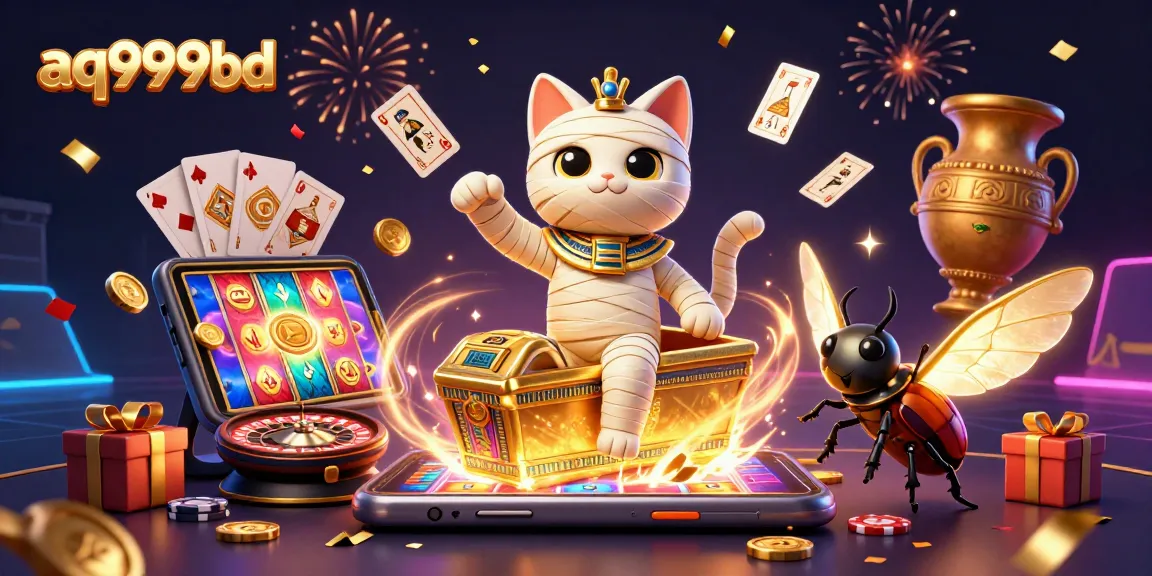 Engage with aq999bd in an exciting casino scene featuring a mummy cat, golden sarcophagus, and dynamic slot games.