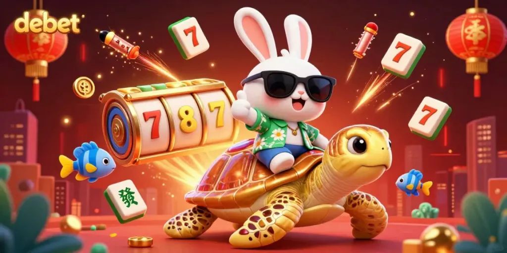 Experience the excitement of debet with a 3D illustration of a lucky rabbit and golden turtle in a casino-themed scene.