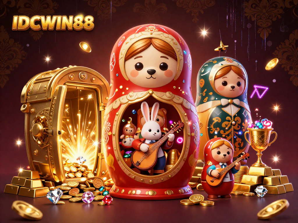 Experience thrilling gameplay with IDCWIN88 in a vibrant 3D illustration featuring casino-themed characters and elements.