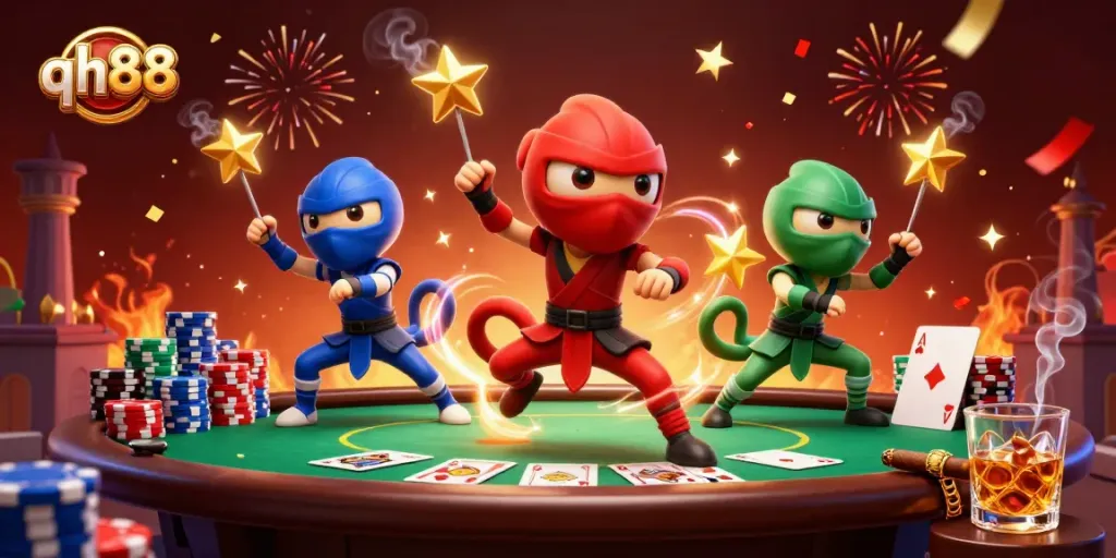 Experience thrilling action at qh88 with ninja chameleons amidst poker elements and vibrant confetti.