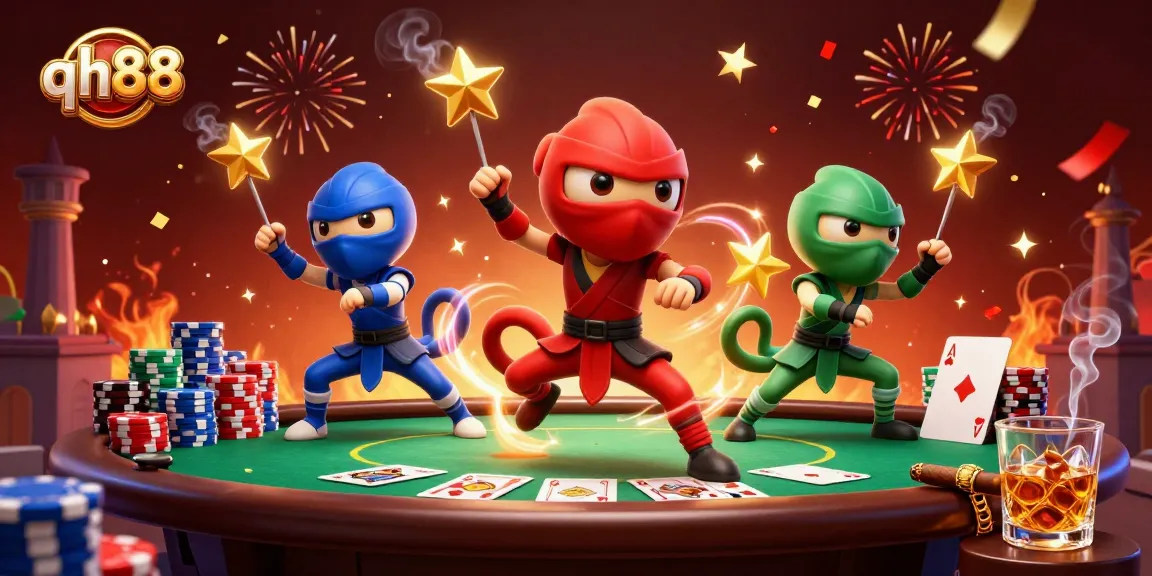 Experience thrilling action at qh88 with ninja chameleons amidst poker elements and vibrant confetti.