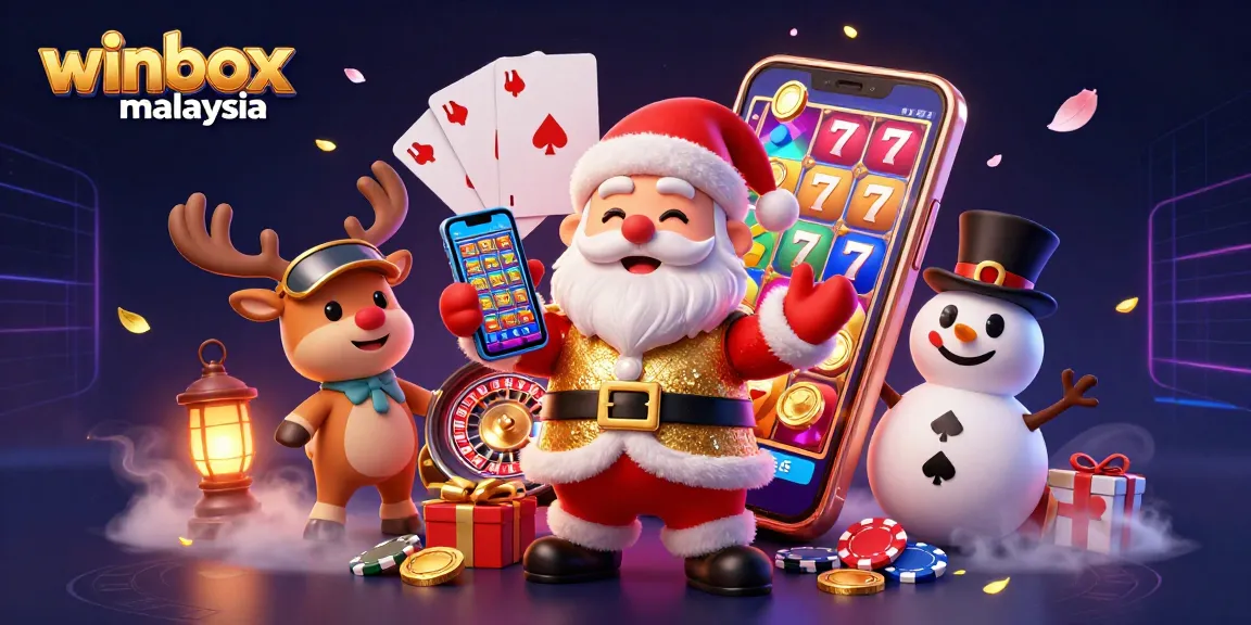 Winbox Malaysia showcases a festive gaming scene with Santa, reindeer, and a snowman enjoying jackpot slots and casino thrills.