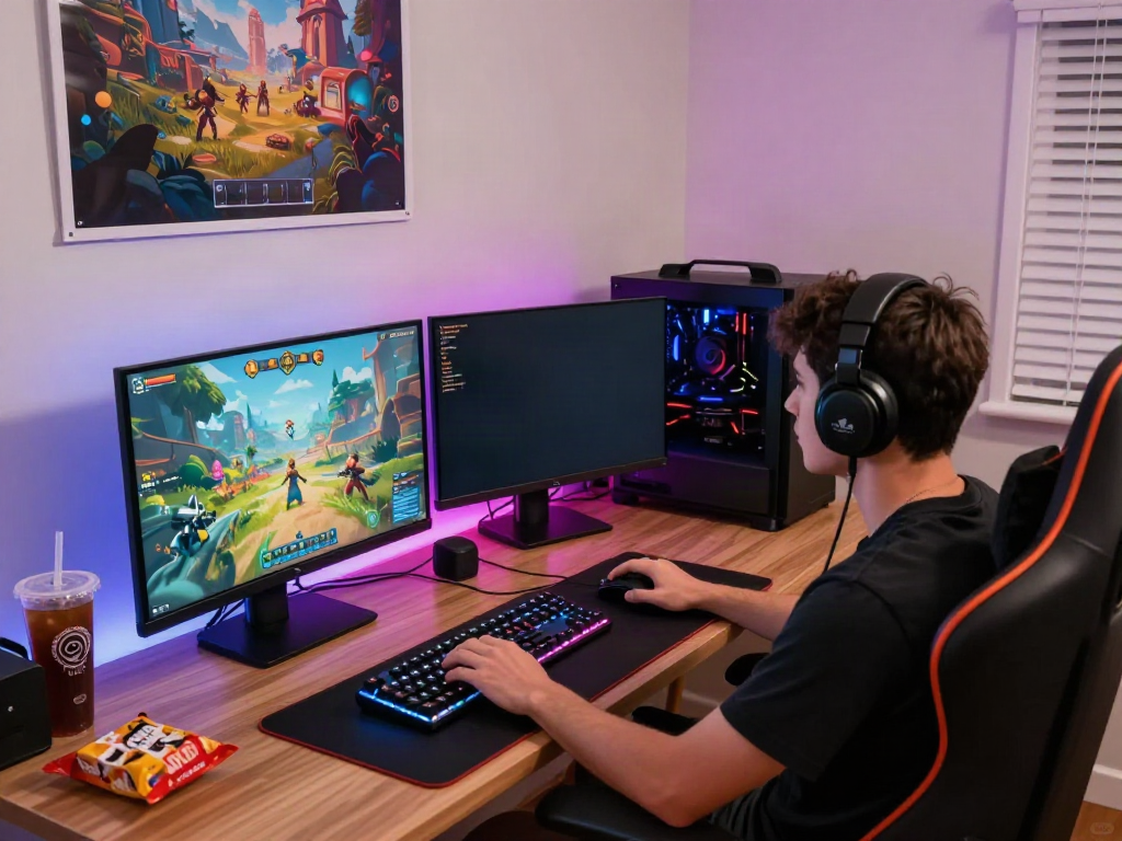 Gamer di rumah menggunakan babe138 dengan setup gaming dinamis dan aksesoris lengkap.