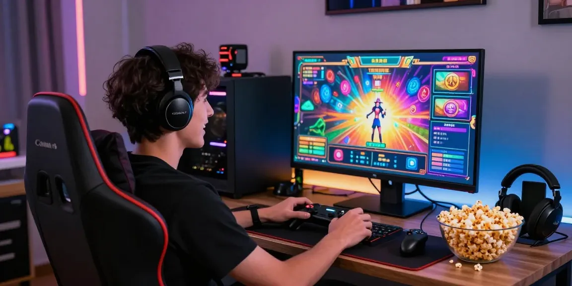 Pengalaman bermain game online seru di nusabhakti.com dengan monitor besar dan gamer bersemangat