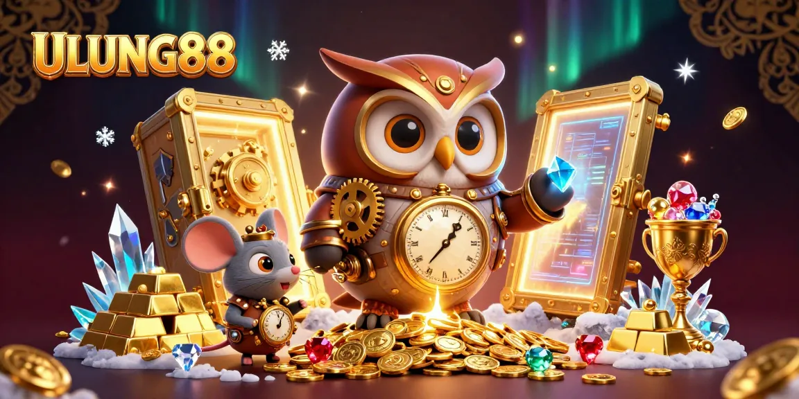 Spin the reels at ULUNG88 with a whimsical scene featuring a steampunk owl, treasure vaults, and dazzling gems.