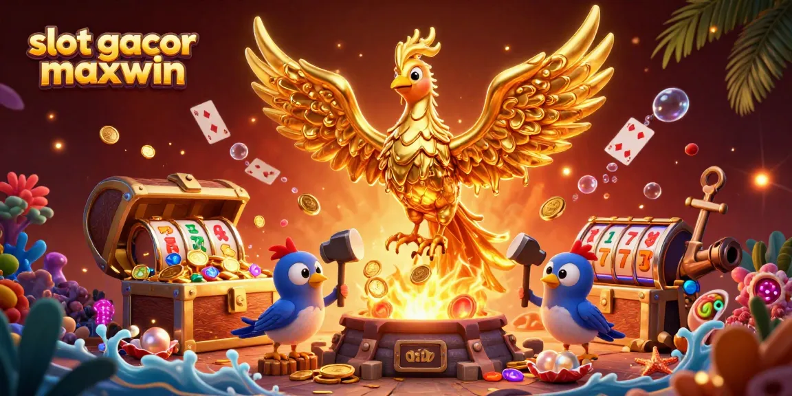 Memenangkan slot gacor maxwin dengan menampilkan phoenix emas berapi yang mengelilingi peti harta karun dan simbol slot yang menarik.